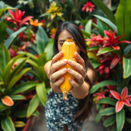 A first-person perspective scene featuring a vibrant and playful moment where the viewer sees an Asian woman's hands holding a banana close to the camera