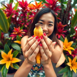 A first-person perspective scene featuring a vibrant and playful moment where the viewer sees an Asian woman's hands holding a banana close to the camera