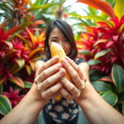 A first-person perspective scene featuring a vibrant and playful moment where the viewer sees an Asian woman's hands holding a banana close to the camera