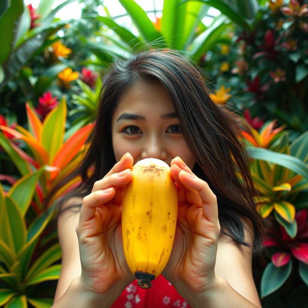 A first-person perspective scene featuring a vibrant and playful moment where the viewer sees an Asian woman's hands holding a banana close to the camera