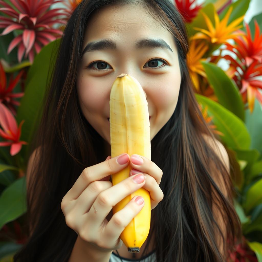 A first-person perspective scene featuring an Asian woman with long hair, expressing a playful attitude while holding a banana close to her mouth