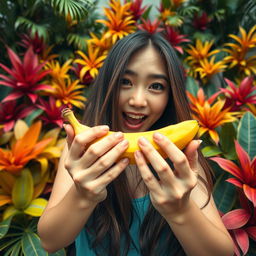 A first-person perspective scene featuring an Asian woman with long hair, expressing a playful attitude while holding a banana close to her mouth