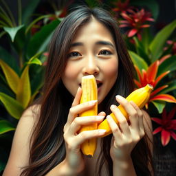 A first-person perspective scene featuring an Asian woman with long hair, expressing a playful attitude while holding a banana close to her mouth