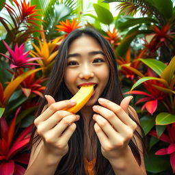 A first-person perspective scene featuring an Asian woman with long hair, expressing a playful attitude while holding a banana close to her mouth