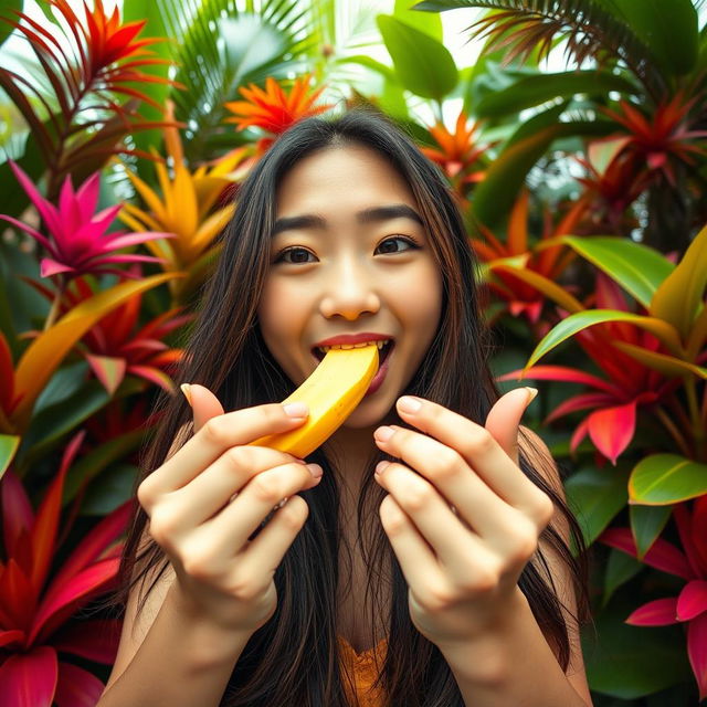 A first-person perspective scene featuring an Asian woman with long hair, expressing a playful attitude while holding a banana close to her mouth