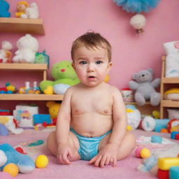 A boy in a brightly coloured room, his cheeks flushed with embarrassment. He is wearing a diaper and looking down with a shy expression, surrounded by toys and kid-stuff.