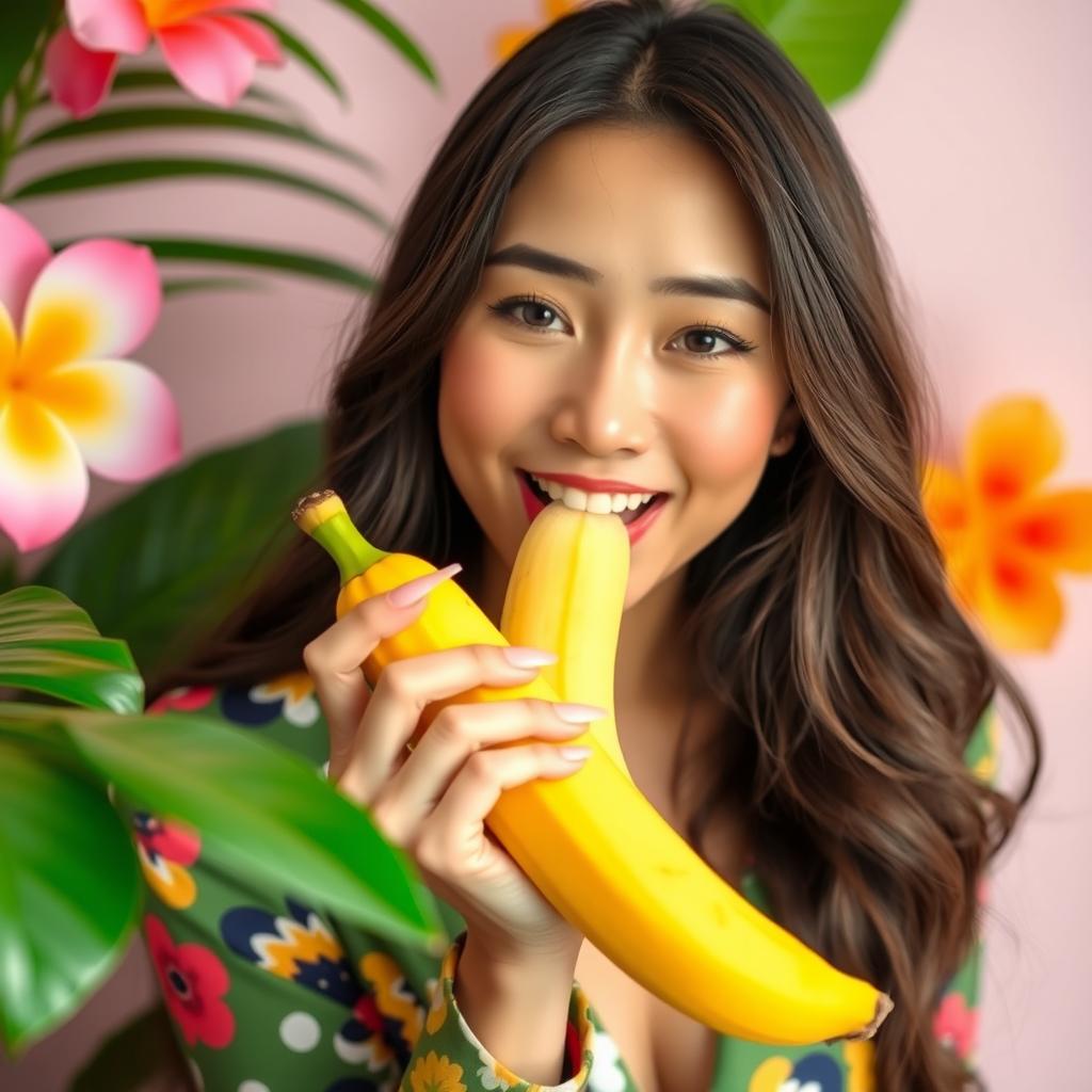 A lighthearted scene featuring an Asian woman with long hair and striking features, playfully engaged with a banana held near her mouth