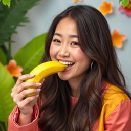 A lighthearted scene featuring an Asian woman with long hair and striking features, playfully engaged with a banana held near her mouth