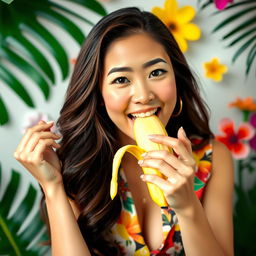 A lighthearted scene featuring an Asian woman with long hair and striking features, playfully engaged with a banana held near her mouth