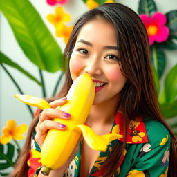 A lighthearted scene featuring an Asian woman with long hair and striking features, playfully engaged with a banana held near her mouth