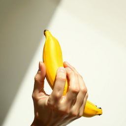 A close-up shot of a beautifully composed still life featuring a vibrant yellow banana being gently held with a hand, where the focus is on the interaction of the banana with the lips, suggesting a playful and whimsical vibe