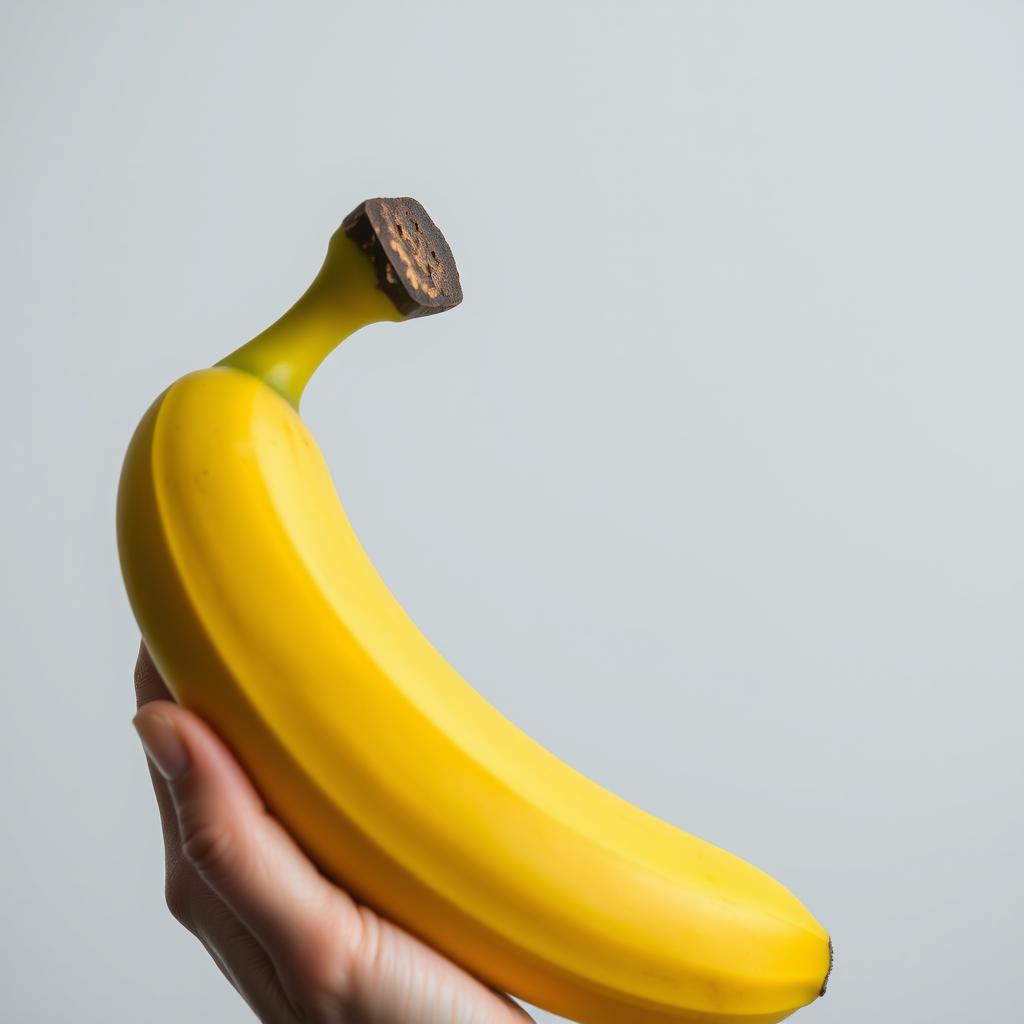 A close-up shot of a beautifully composed still life featuring a vibrant yellow banana being gently held with a hand, where the focus is on the interaction of the banana with the lips, suggesting a playful and whimsical vibe