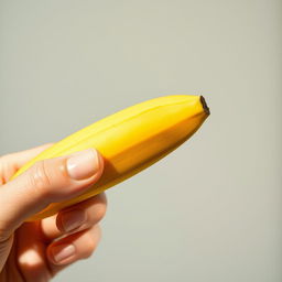 A close-up shot of a beautifully composed still life featuring a vibrant yellow banana being gently held with a hand, where the focus is on the interaction of the banana with the lips, suggesting a playful and whimsical vibe