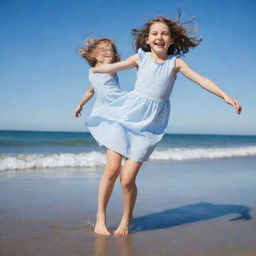 A 10-year-old girl joyfully playing on a sunny beach, waves gently lapping at her feet under a clear blue sky.