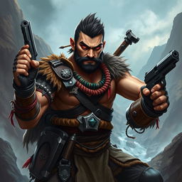 A 32-year-old human barbarian named Gumong Steamfire, depicted in a dynamic fantasy setting