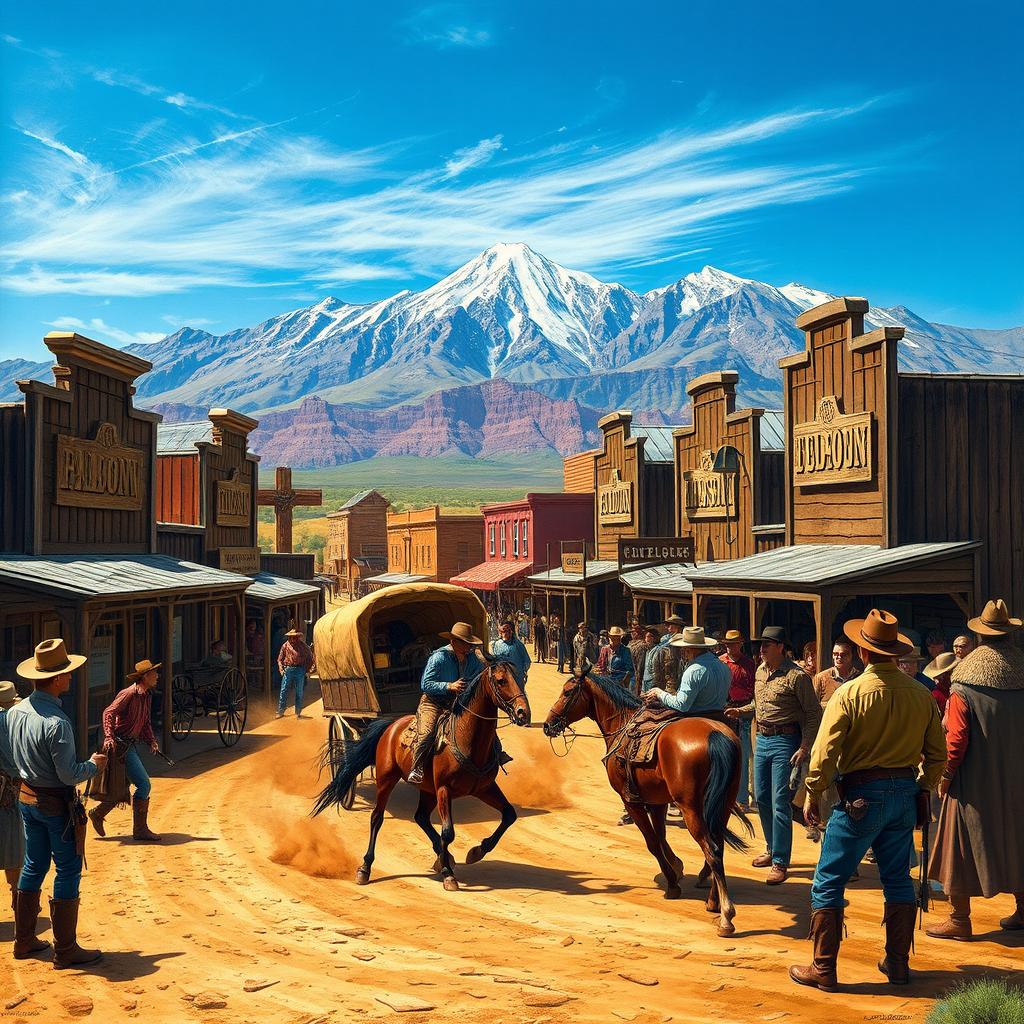 A vivid depiction of a bustling Old West town, showcasing wooden saloons, a dusty main street, and cowboys in traditional attire including hats and boots