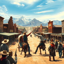 A vivid depiction of a bustling Old West town, showcasing wooden saloons, a dusty main street, and cowboys in traditional attire including hats and boots