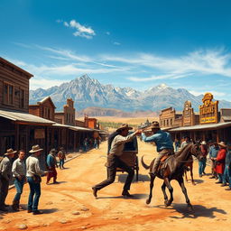 A vivid depiction of a bustling Old West town, showcasing wooden saloons, a dusty main street, and cowboys in traditional attire including hats and boots