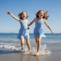 A 10-year-old girl joyfully playing on a sunny beach, waves gently lapping at her feet under a clear blue sky.