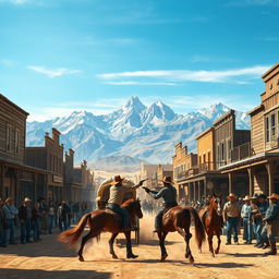 A vivid depiction of a bustling Old West town, showcasing wooden saloons, a dusty main street, and cowboys in traditional attire including hats and boots