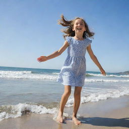 A 10-year-old girl joyfully playing on a sunny beach, waves gently lapping at her feet under a clear blue sky.