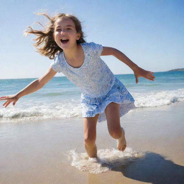 A 10-year-old girl joyfully playing on a sunny beach, waves gently lapping at her feet under a clear blue sky.