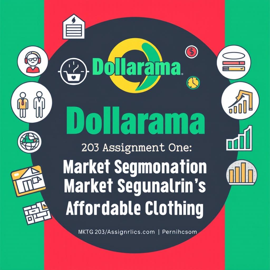 A stylish and creative cover page for an MKTG 203 assignment analyzing Dollarama's potential introduction of affordable clothing