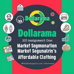 A stylish and creative cover page for an MKTG 203 assignment analyzing Dollarama's potential introduction of affordable clothing