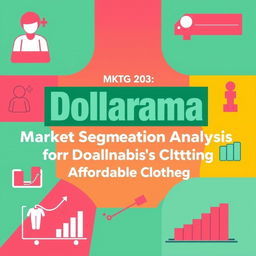 A stylish and creative cover page for an MKTG 203 assignment analyzing Dollarama's potential introduction of affordable clothing