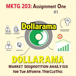 A stylish and creative cover page for an MKTG 203 assignment analyzing Dollarama's potential introduction of affordable clothing