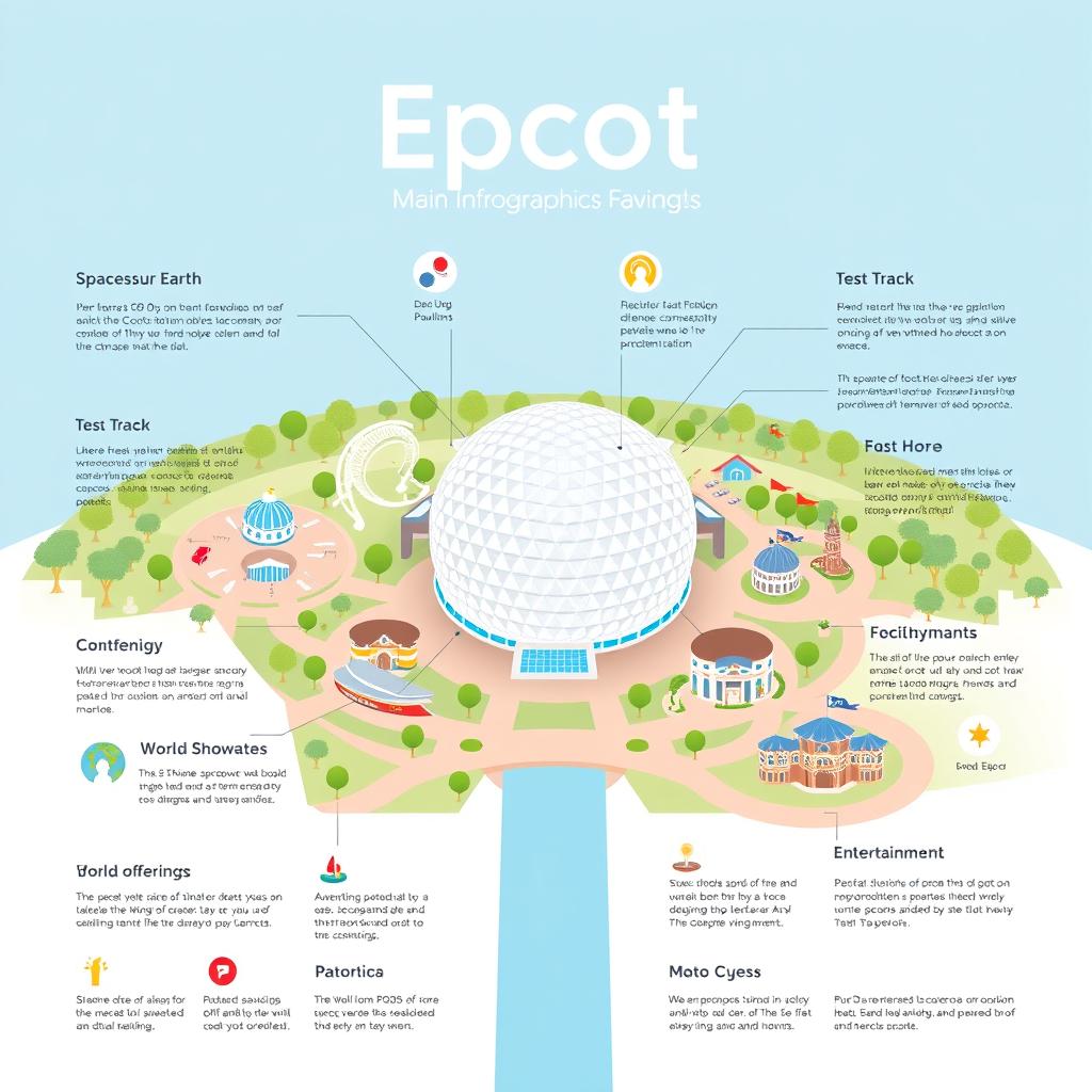 An infographic designed in an Apple-style aesthetic showcasing Epcot theme park, highlighting its main attractions such as Spaceship Earth, Test Track, and the World Showcase