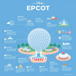 An infographic designed in an Apple-style aesthetic showcasing Epcot theme park, highlighting its main attractions such as Spaceship Earth, Test Track, and the World Showcase