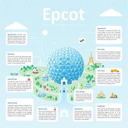 An infographic designed in an Apple-style aesthetic showcasing Epcot theme park, highlighting its main attractions such as Spaceship Earth, Test Track, and the World Showcase