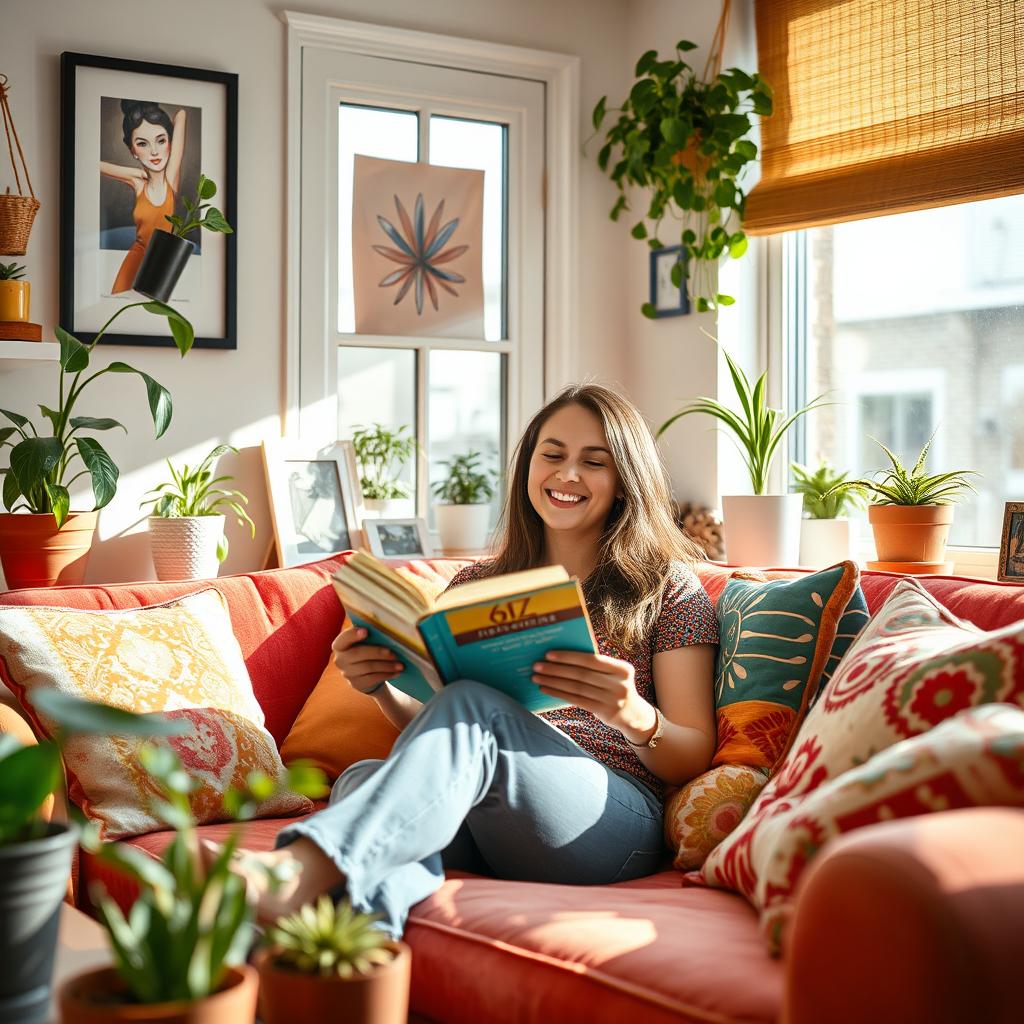 A cheerful young woman in a bright, cozy apartment, surrounded by plants and personal mementos that reflect her interests