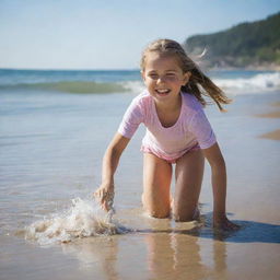 A 10-year old girl enjoying her time on a sunny beach, playing with the sand and the incoming waves under a clear blue sky.