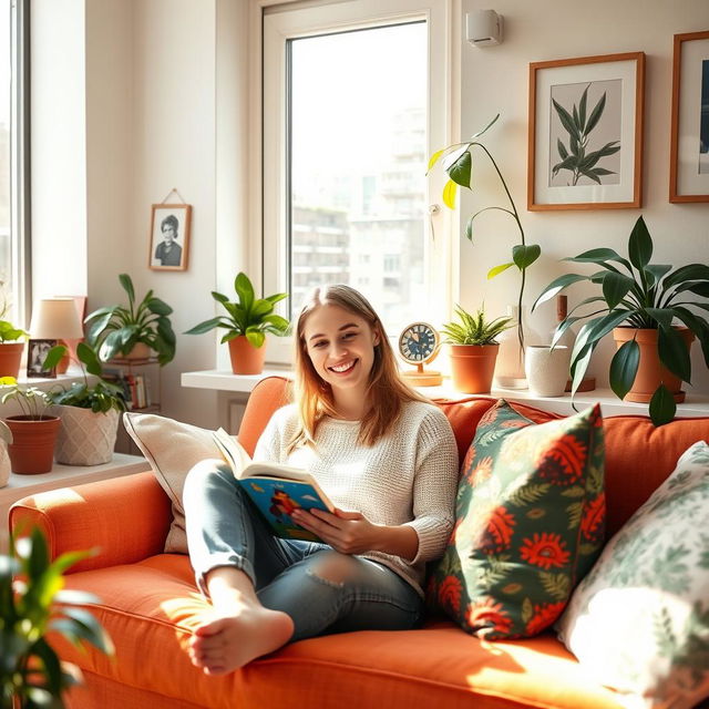 A cheerful young woman in a bright, cozy apartment, surrounded by plants and personal mementos that reflect her interests