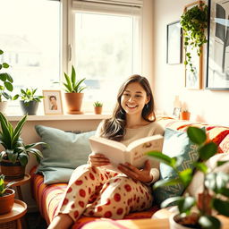 A cheerful young woman in a bright, cozy apartment, surrounded by plants and personal mementos that reflect her interests