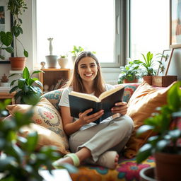 A cheerful young woman in a bright, cozy apartment, surrounded by plants and personal mementos that reflect her interests