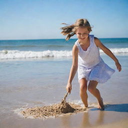 A 10-year old girl enjoying her time on a sunny beach, playing with the sand and the incoming waves under a clear blue sky.