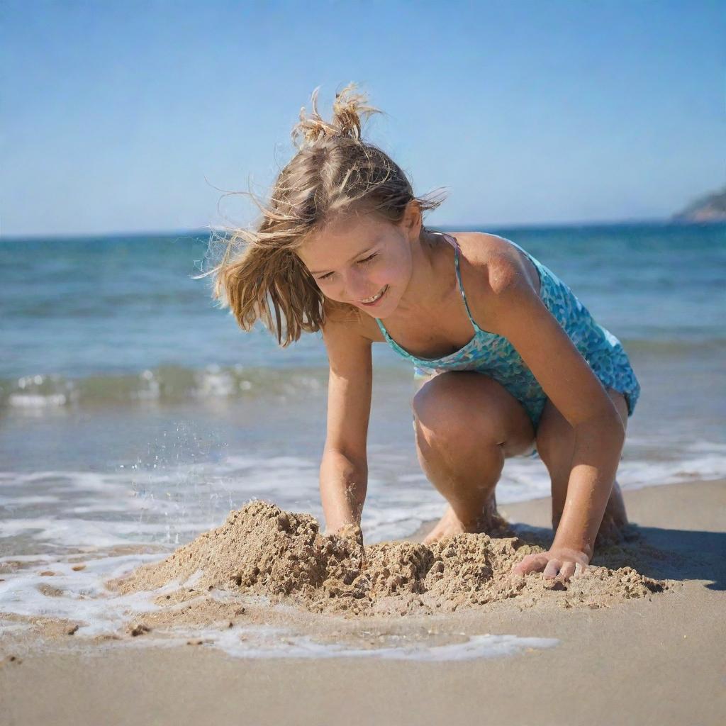 A 10-year old girl enjoying her time on a sunny beach, playing with the sand and the incoming waves under a clear blue sky.