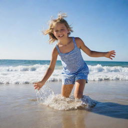 A 10-year old girl enjoying her time on a sunny beach, playing with the sand and the incoming waves under a clear blue sky.