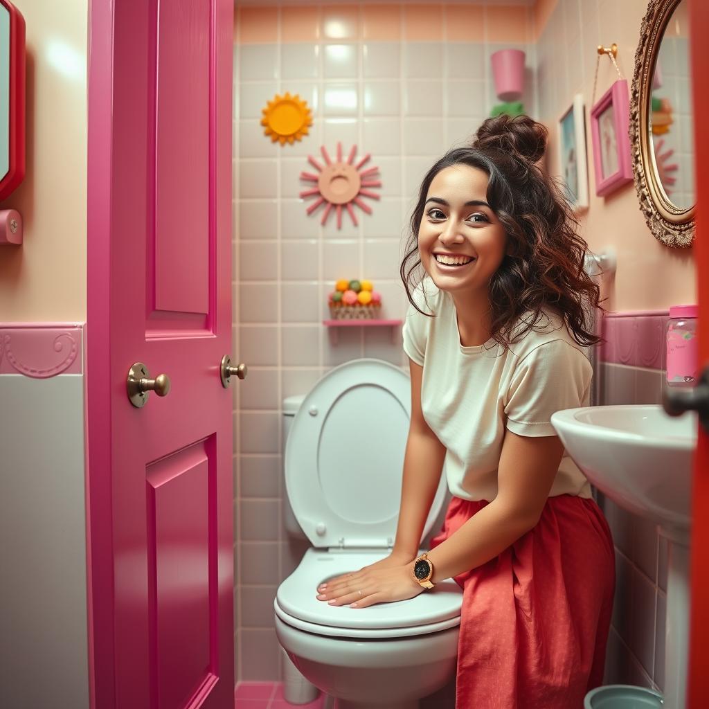 A humorous and light-hearted scene of a young woman in a bright, colorful bathroom confidently and playfully leaving the bathroom door ajar while she is in the process of using the toilet