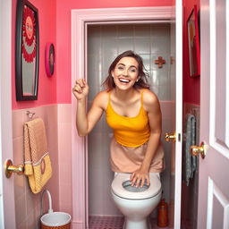 A humorous and light-hearted scene of a young woman in a bright, colorful bathroom confidently and playfully leaving the bathroom door ajar while she is in the process of using the toilet