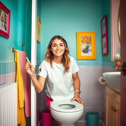 A humorous and light-hearted scene of a young woman in a bright, colorful bathroom confidently and playfully leaving the bathroom door ajar while she is in the process of using the toilet