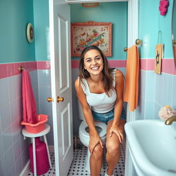 A humorous and light-hearted scene of a young woman in a bright, colorful bathroom confidently and playfully leaving the bathroom door ajar while she is in the process of using the toilet