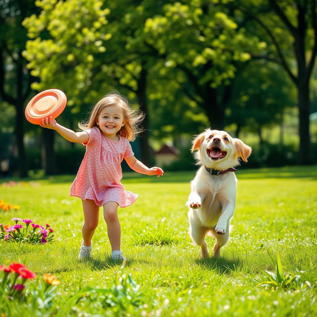 A heartwarming scene of a young girl and her dog playing together in a sunlit park