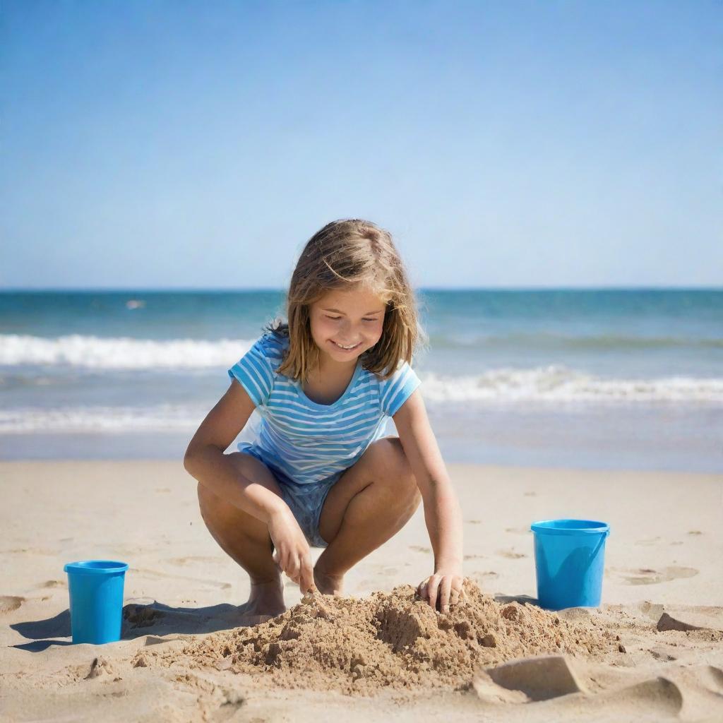 A 10-year-old girl having fun on a sunny beach, she's building a sandcastle near the gentle sea waves, with a vivid blue sky overhead.