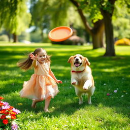 A heartwarming scene of a young girl and her dog playing together in a sunlit park