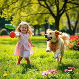 A heartwarming scene of a young girl and her dog playing together in a sunlit park