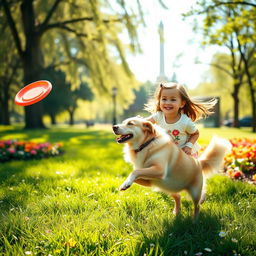 A heartwarming scene of a young girl and her dog playing together in a sunlit park